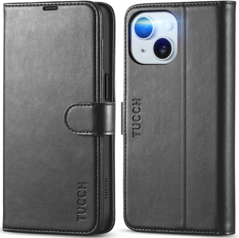 TUCCH Case Wallet for iPhone 15 6.1", Kickstand PU Leather [RFID Blocking] 4 Card Holder Magnetic Stand Protective Cover [TPU Shockproof Inner Shell] 5G 2023, Black - Image 1